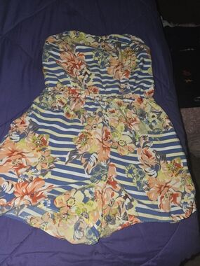 Xhilaration Blue and Coral Floral Stripe Strapless Romper